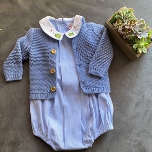 SOLD Vintage blue romper with knitted cardigan